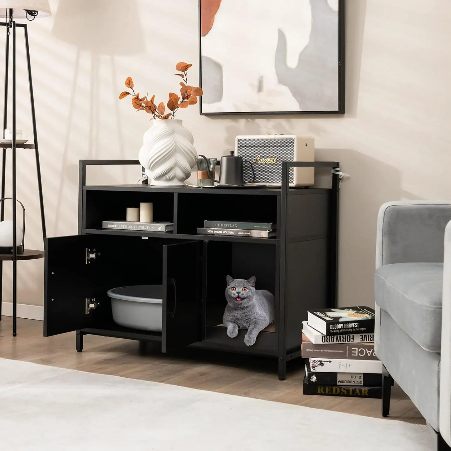 Cat Litter Box Enclosure Cat Washroom Hidden Furniture with Front Entry Cat Scratcher 2-Door Storage Cabinet 2 Compartments