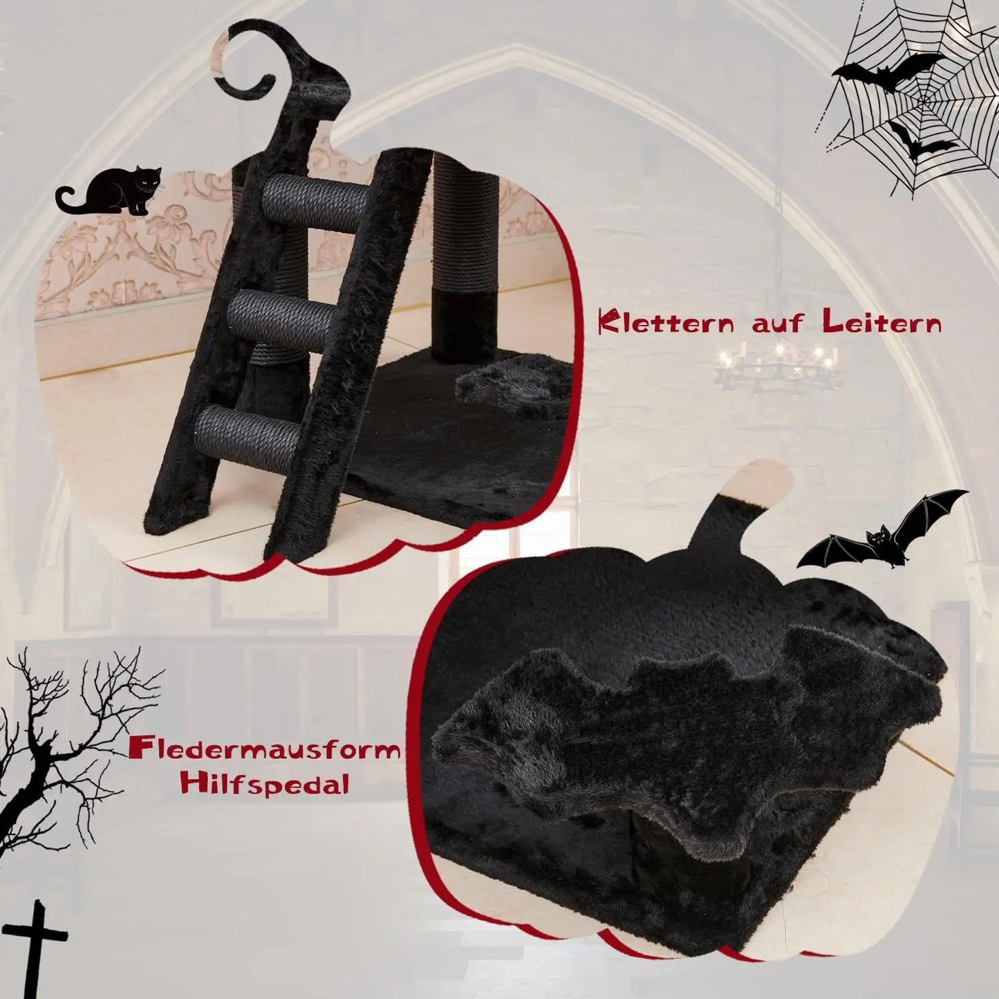 Gothic Cat Tree with Coffin Bed,55" Cat Tower with Spacious Cat Condo,Scratching Posts,Spider Hanging Ball