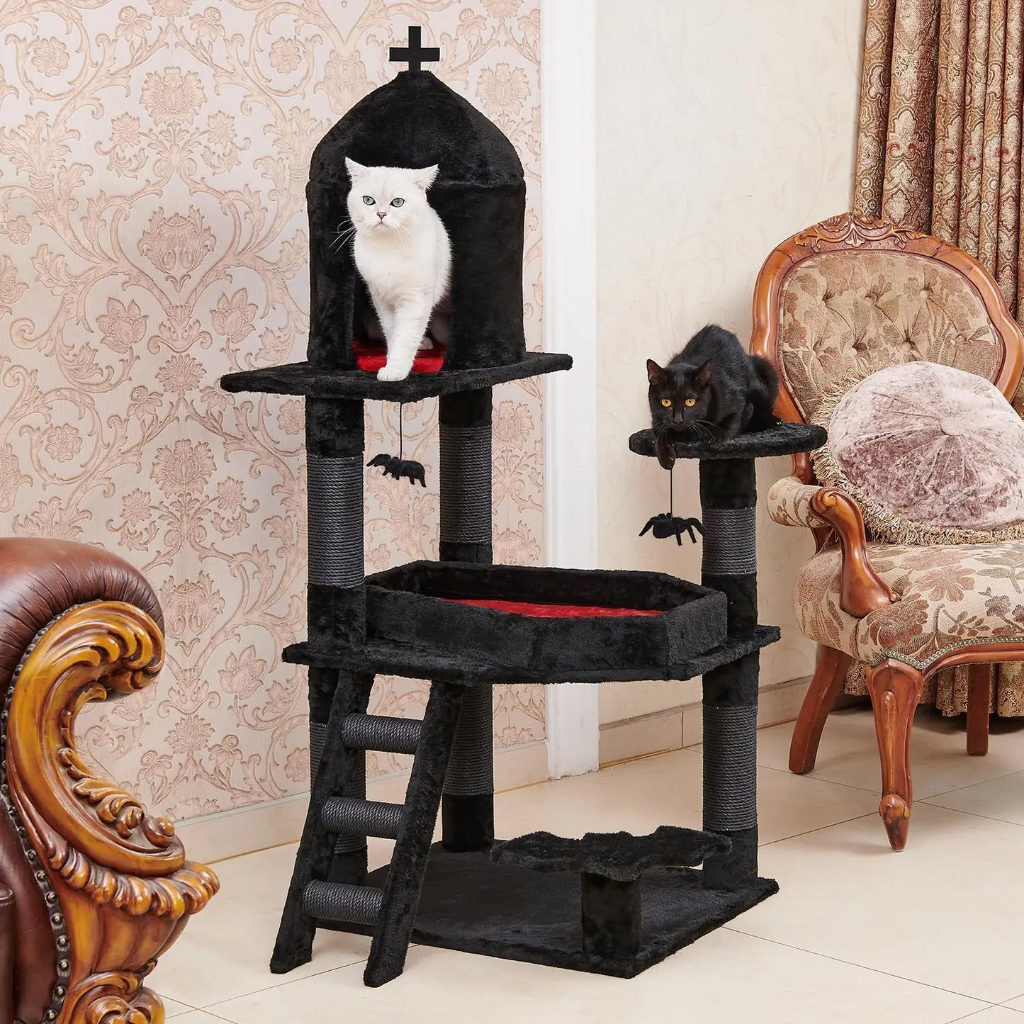 Gothic Cat Tree with Coffin Bed,55" Cat Tower with Spacious Cat Condo,Scratching Posts,Spider Hanging Ball