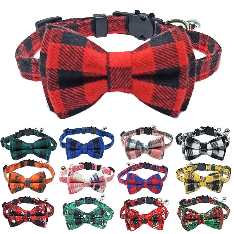 Pet Breakaway Kitten Cat Collar Bow Tie with Bell Cute Plaid Christmas Red Adjustable Dog Collar for Cats Kitten Accessories