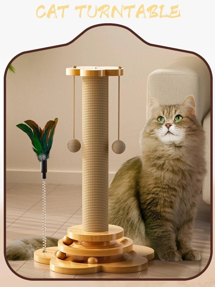 Pet Cat Toy Solid Wood Cat Turntable Funny Cat Stick Balls Durable Sisal Scratching Board Cat Supplies Cat Grab Column
