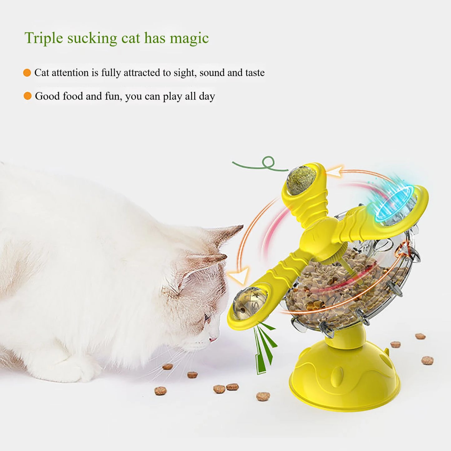Suction Cup Cat Feeding Toy with Pinwheel ShapeRotating Fan Food Dispenser for Interactive Play While Feeding