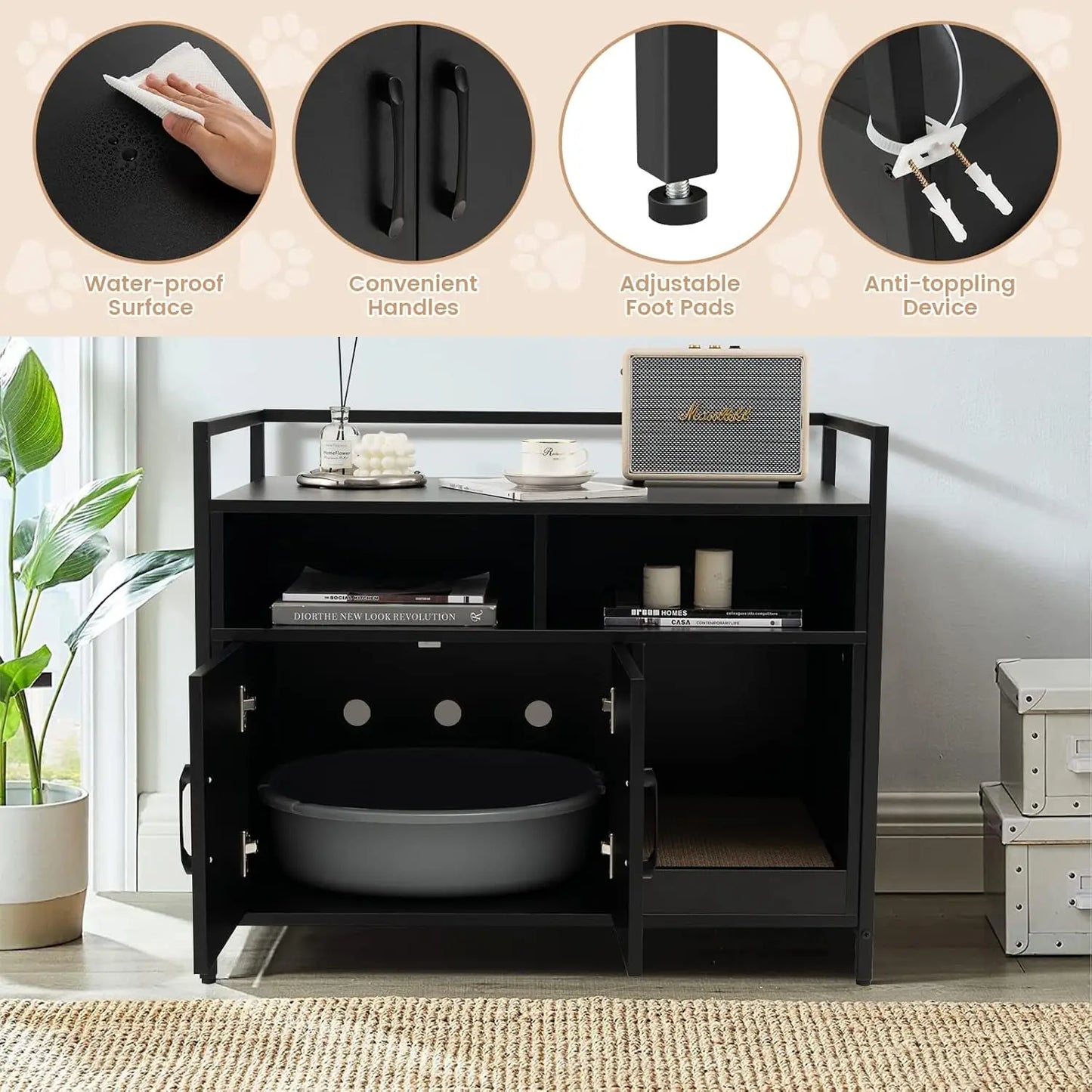 Cat Litter Box Enclosure Cat Washroom Hidden Furniture with Front Entry Cat Scratcher 2-Door Storage Cabinet 2 Compartments