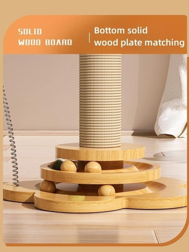 Pet Cat Toy Solid Wood Cat Turntable Funny Cat Stick Balls Durable Sisal Scratching Board Cat Supplies Cat Grab Column