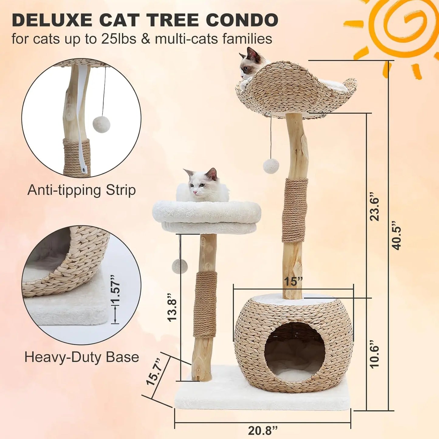Modern Cat Tree Tower for Indoor , Real Branch Luxury Condo with Scratching Post, Jumping Platforms, cat furniture