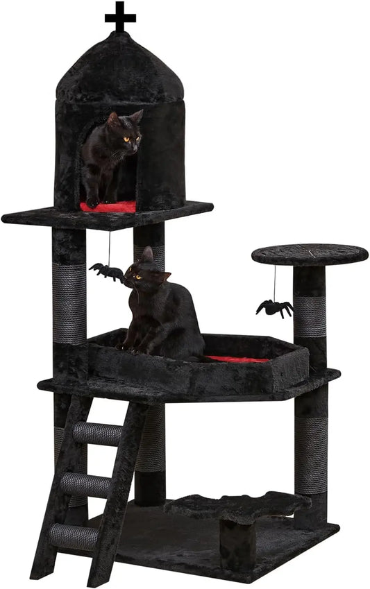 Gothic Cat Tree with Coffin Bed,55" Cat Tower with Spacious Cat Condo,Scratching Posts,Spider Hanging Ball