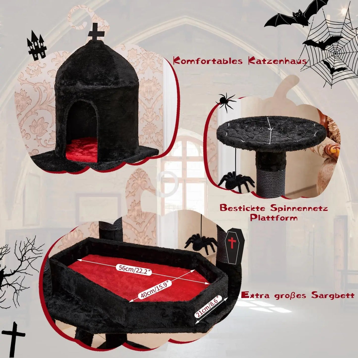 Gothic Cat Tree with Coffin Bed,55" Cat Tower with Spacious Cat Condo,Scratching Posts,Spider Hanging Ball