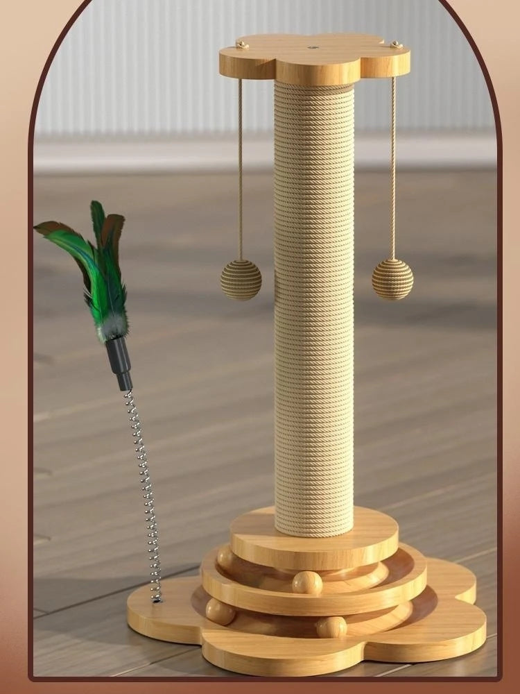 Pet Cat Toy Solid Wood Cat Turntable Funny Cat Stick Balls Durable Sisal Scratching Board Cat Supplies Cat Grab Column