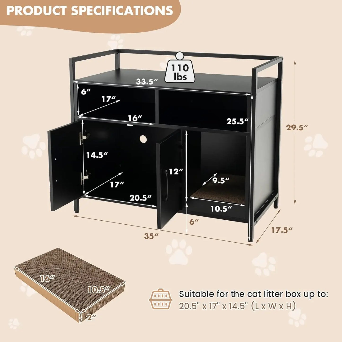 Cat Litter Box Enclosure Cat Washroom Hidden Furniture with Front Entry Cat Scratcher 2-Door Storage Cabinet 2 Compartments