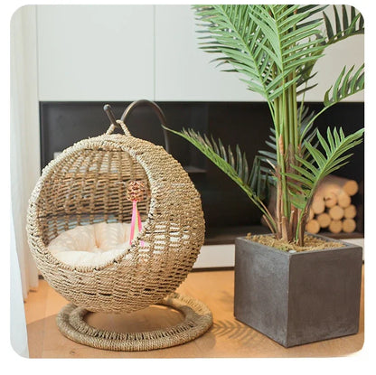 Internet celebrity semi-enclosed pet hammock cat nest cat cage round cat hanging bed basket rattan summerhammock