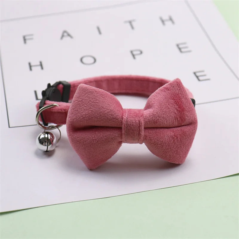 Velvet Cat Collar Solid Color Bowknot Puppy Chihuahua Collars with Bell Adjustable Safety Buckle Cats Bow Tie Pets Accessories