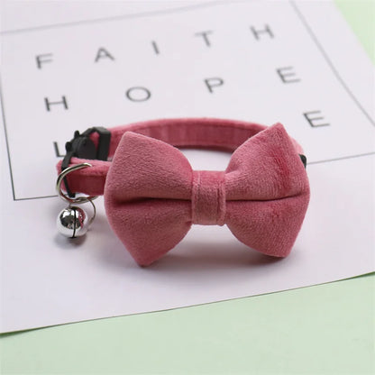 Velvet Cat Collar Solid Color Bowknot Puppy Chihuahua Collars with Bell Adjustable Safety Buckle Cats Bow Tie Pets Accessories