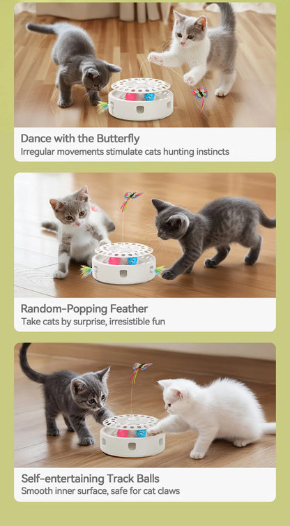 ROJECO Automatic Cat Toy 3 in 1 Track Balls Butterfly Teasing Toy Electric Ambush Feather Interactive Fun Pet Toy Set Cat Supply