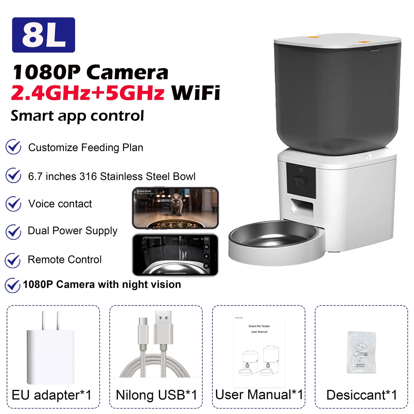 Furpipi 8L Smart Automatic Cat Feeders with 1080P HD Camera 5G WiFi Pet Feeder Tuya APP Control Automatic Cat Dog Food Dispenser