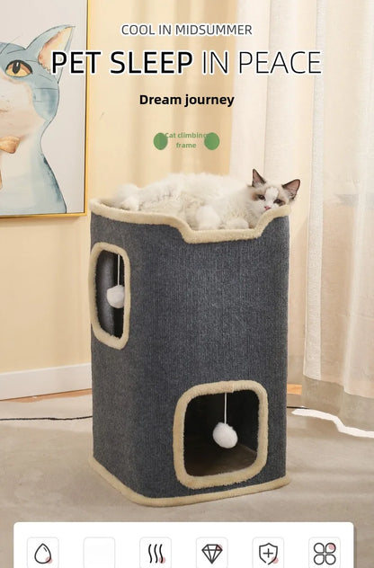 3-tiers Cat Bed Pet House Covered Cave with soft mat Large Hideaway Cat Tent with Fluffy Ball Hanging Accessories