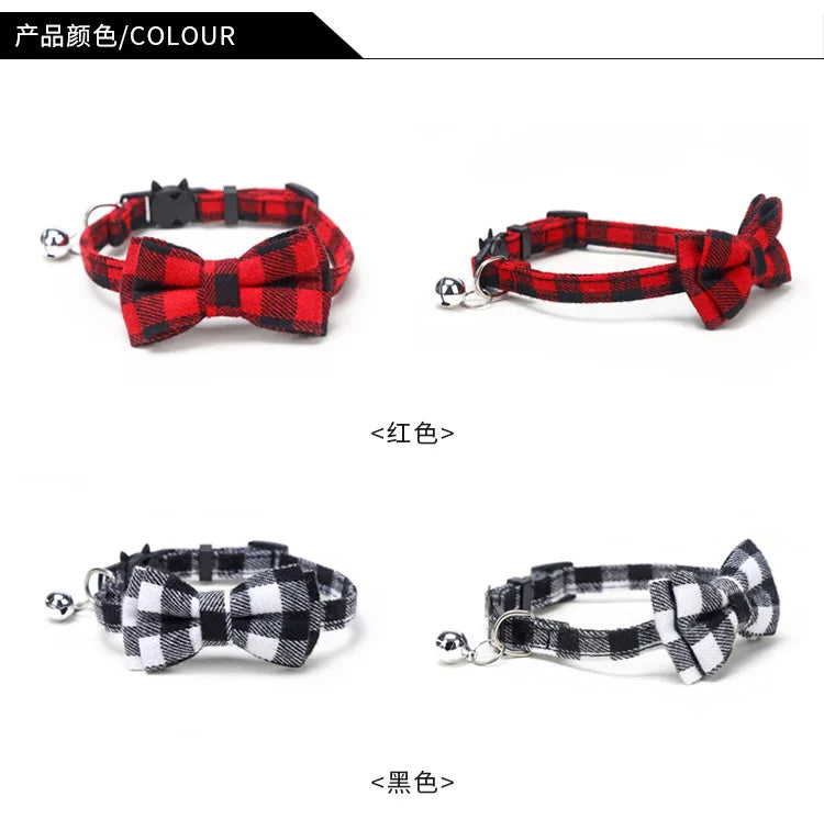 Pet Breakaway Kitten Cat Collar Bow Tie with Bell Cute Plaid Christmas Red Adjustable Dog Collar for Cats Kitten Accessories