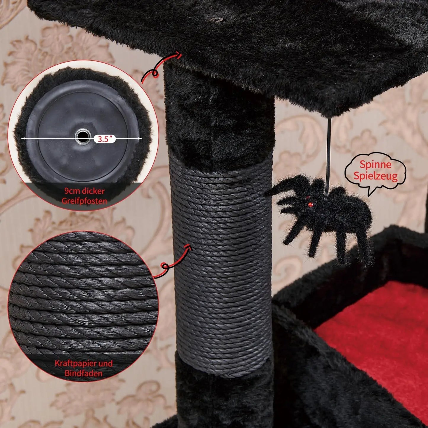 Gothic Cat Tree with Coffin Bed，55" Cat Tower with Spacious Cat Condo，Scratching Posts，Spider Hanging Ball