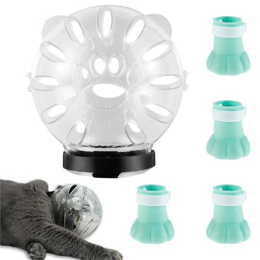 New Breathable Anti-Bite Cat Muzzle Boots Set with Space Hood and Paw Cover - Astronaut Helmet Grooming Kit for Cats - Portable