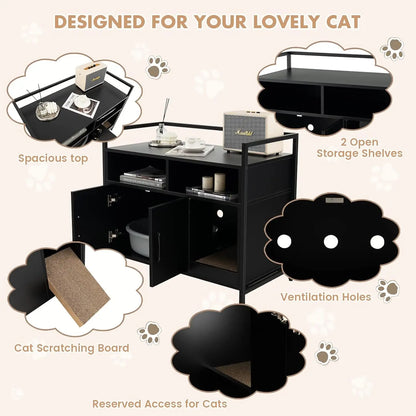 Cat Litter Box Enclosure Cat Washroom Hidden Furniture with Front Entry Cat Scratcher 2-Door Storage Cabinet 2 Compartments