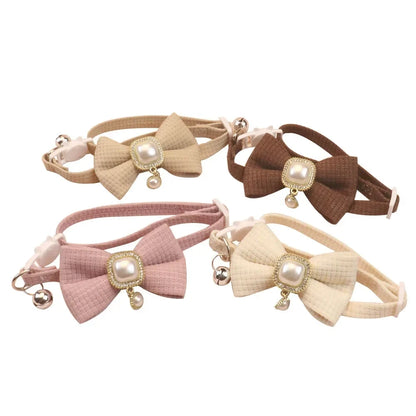 2024 New 20-35cm Adjustable Waffle Cat Collar Vintage Pearl Pendant Pet Collar Cute Bow Bell Small Dog Collar