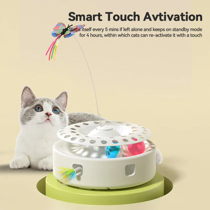 ROJECO Automatic Cat Toy 3 in 1 Track Balls Butterfly Teasing Toy Electric Ambush Feather Interactive Fun Pet Toy Set Cat Supply