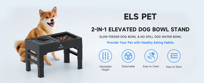 ELS PET Elevated Dog Bowls Adjustable Raised Dog Bowl with Slow Feeder Dog Bowl and Dog Water Bowl Non-Spill for Dogs and Pets