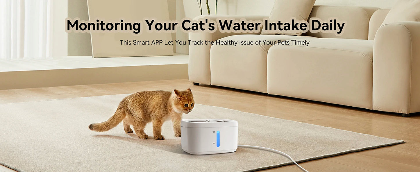 Cat Water Fountain with APP Wireless Connected 84oz/2.5L Automatic Pet Water Fountain with Stainless Steel Tray Weight Sensor