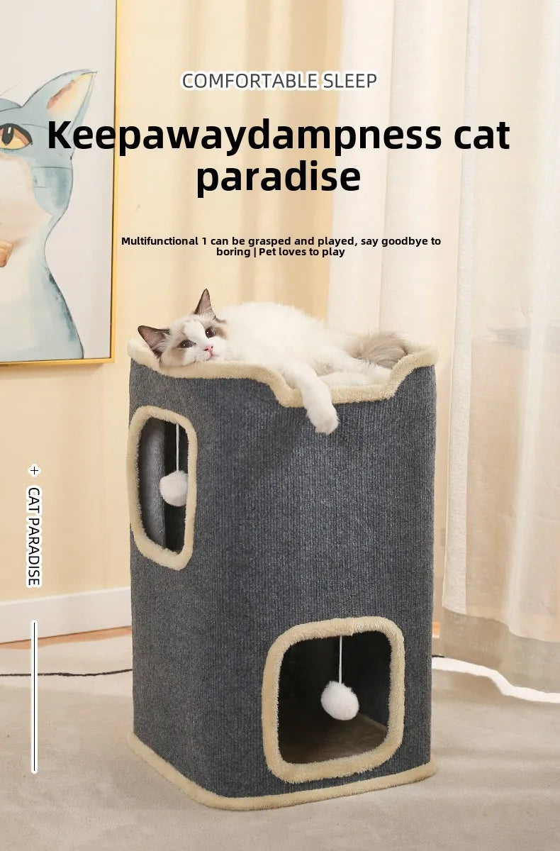 3-tiers Cat Bed Pet House Covered Cave with soft mat Large Hideaway Cat Tent with Fluffy Ball Hanging Accessories