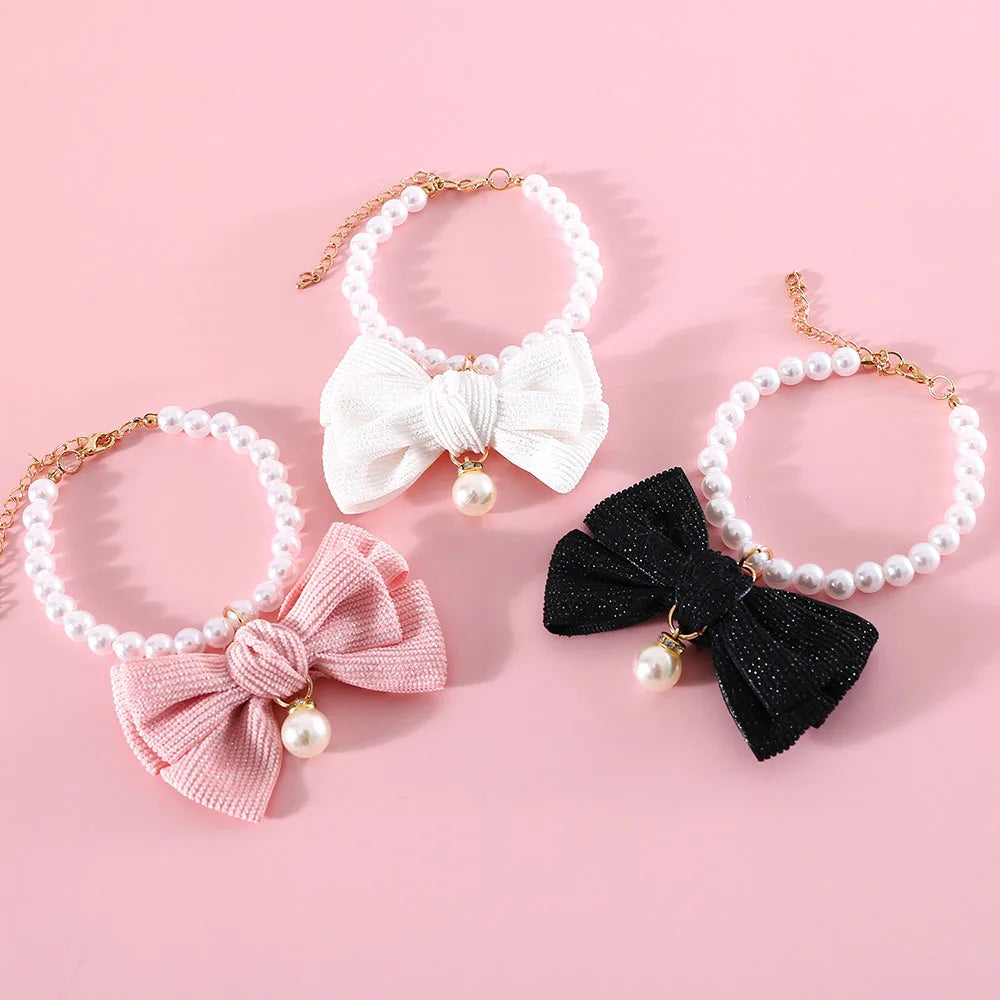 Cat Pearl Collar Necklace with Bow Pendant Cute Jewelry Puppy Dog Collar Adjustable Cat Wedding Necklace Pet Costume Accessories