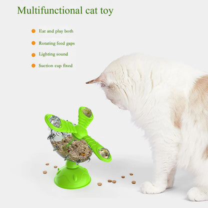 Suction Cup Cat Feeding Toy with Pinwheel ShapeRotating Fan Food Dispenser for Interactive Play While Feeding