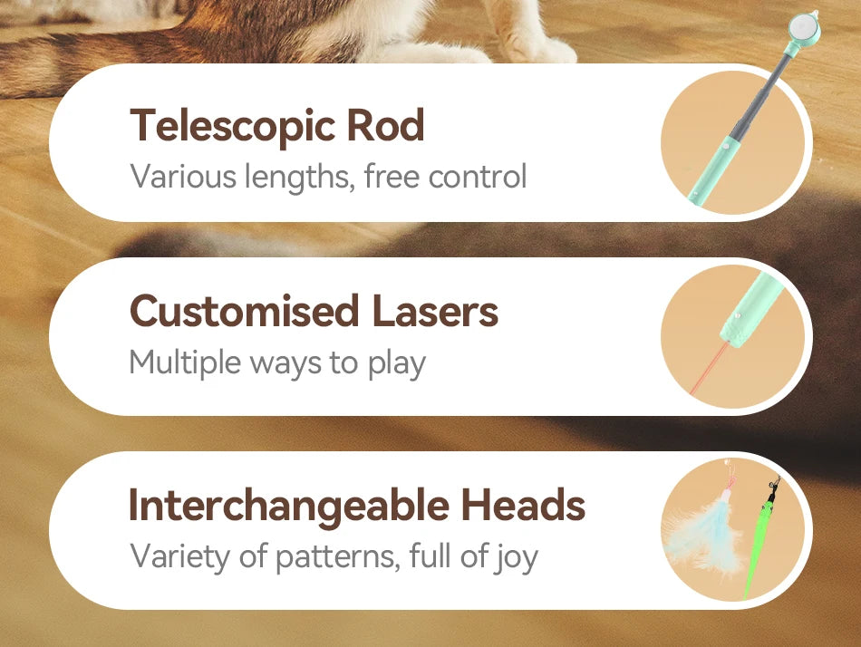 ROJECO Automatic Cat Laser Toy Retractable Cat Teaser Wand with Feather Caterpillar Interactive Pet Laser Toys for Kitten Cats