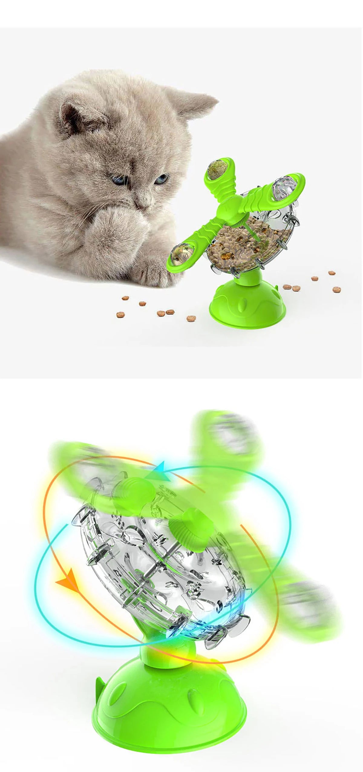 Suction Cup Cat Feeding Toy with Pinwheel ShapeRotating Fan Food Dispenser for Interactive Play While Feeding