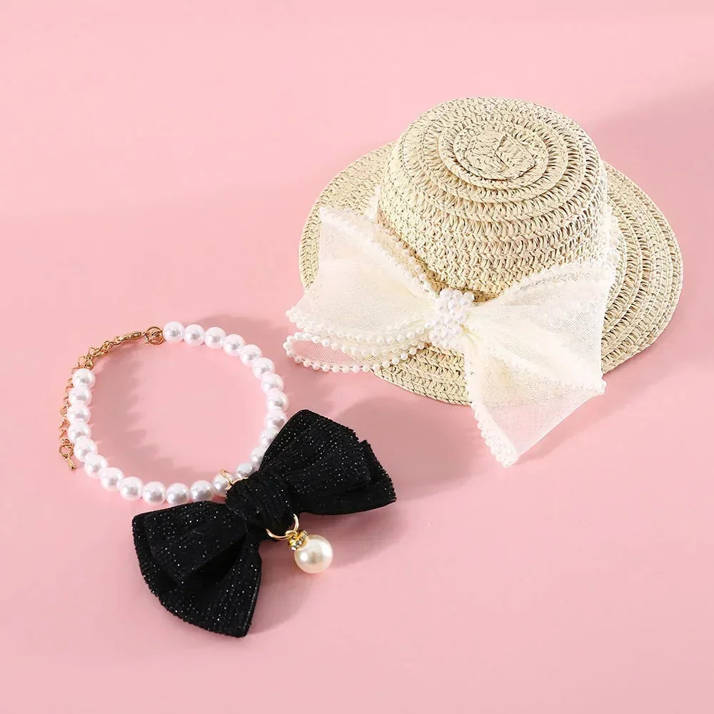 Cat Pearl Collar Necklace with Bow Pendant Cute Jewelry Puppy Dog Collar Adjustable Cat Wedding Necklace Pet Costume Accessories