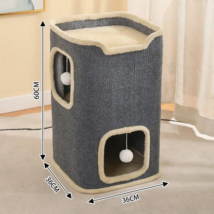 3-tiers Cat Bed Pet House Covered Cave with soft mat Large Hideaway Cat Tent with Fluffy Ball Hanging Accessories