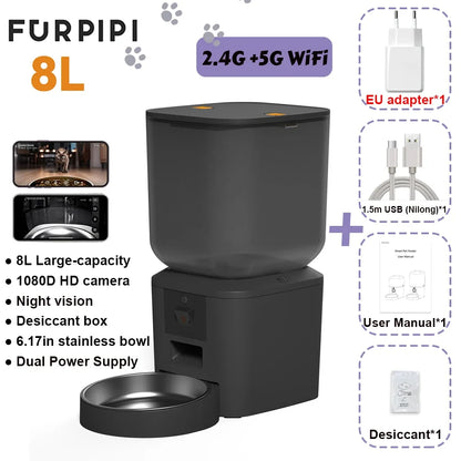 Furpipi 8L Smart Automatic Cat Feeders with 1080P HD Camera 5G WiFi Pet Feeder Tuya APP Control Automatic Cat Dog Food Dispenser