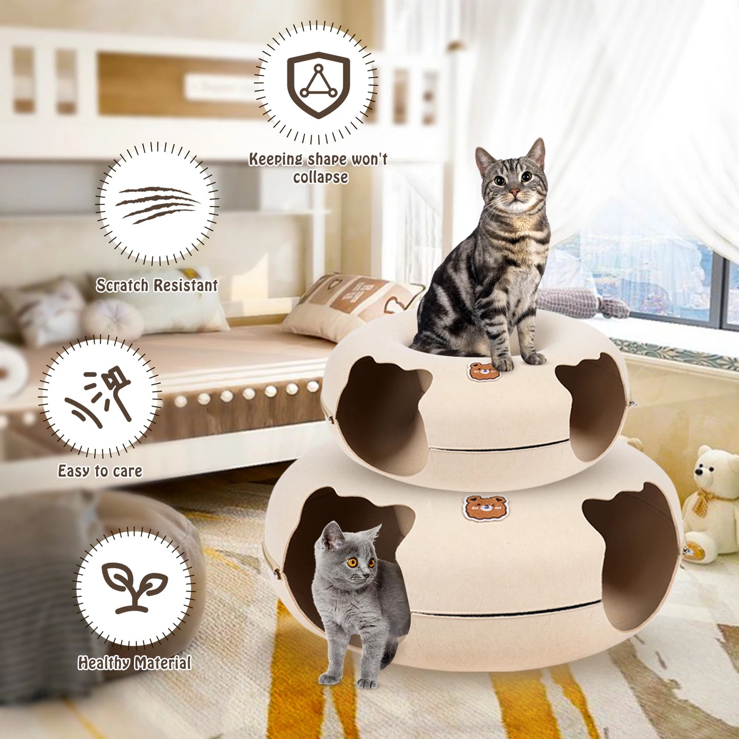 Cat Tunnel Bed for Cats Peekaboo Cat Cave Dual-Opening Cat Cave for Medium Large Cats Scratchable Donut Cat Bed Cat Donut Tunnel