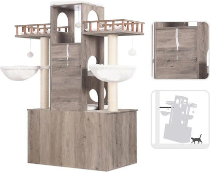 Cat Tree with Litter Box Enclosure for Indoor Big Cat, Cat Tower for Large Cats 20 lbs Heavy Duty, Modern Cat Condo Furniture