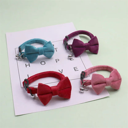 Velvet Cat Collar Solid Color Bowknot Puppy Chihuahua Collars with Bell Adjustable Safety Buckle Cats Bow Tie Pets Accessories