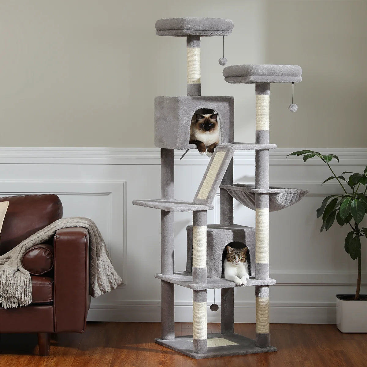 H180CM Large Cat Tree for Indoor Tall Tower for Cat Multi-Level Plush with Natural Sisal Scratching Post Condos Perches Hammock