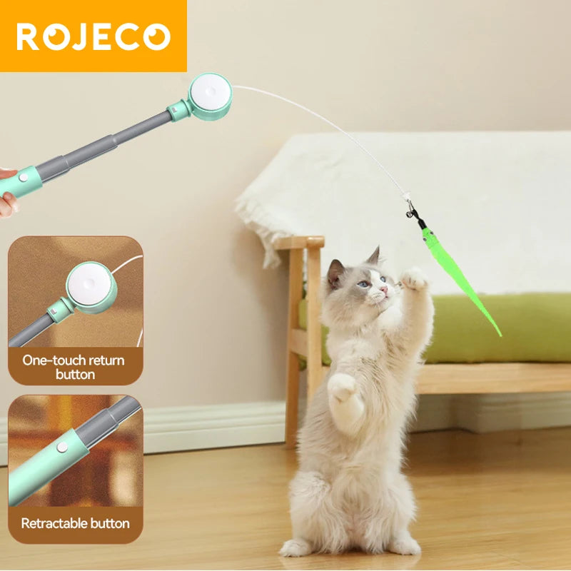 ROJECO Automatic Cat Laser Toy Retractable Cat Teaser Wand with Feather Caterpillar Interactive Pet Laser Toys for Kitten Cats