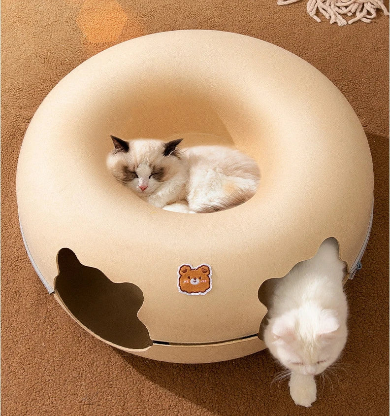 Cat Tunnel Bed for Cats Peekaboo Cat Cave Dual-Opening Cat Cave for Medium Large Cats Scratchable Donut Cat Bed Cat Donut Tunnel