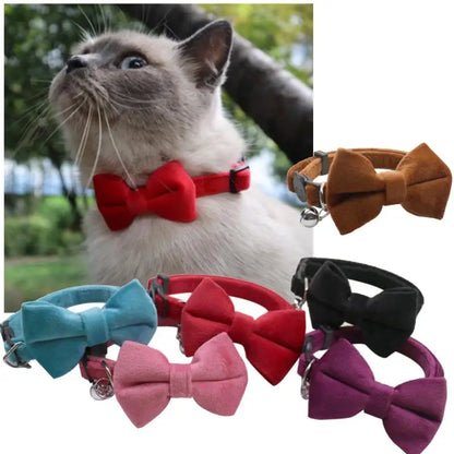 Velvet Cat Collar Solid Color Bowknot Puppy Chihuahua Collars with Bell Adjustable Safety Buckle Cats Bow Tie Pets Accessories