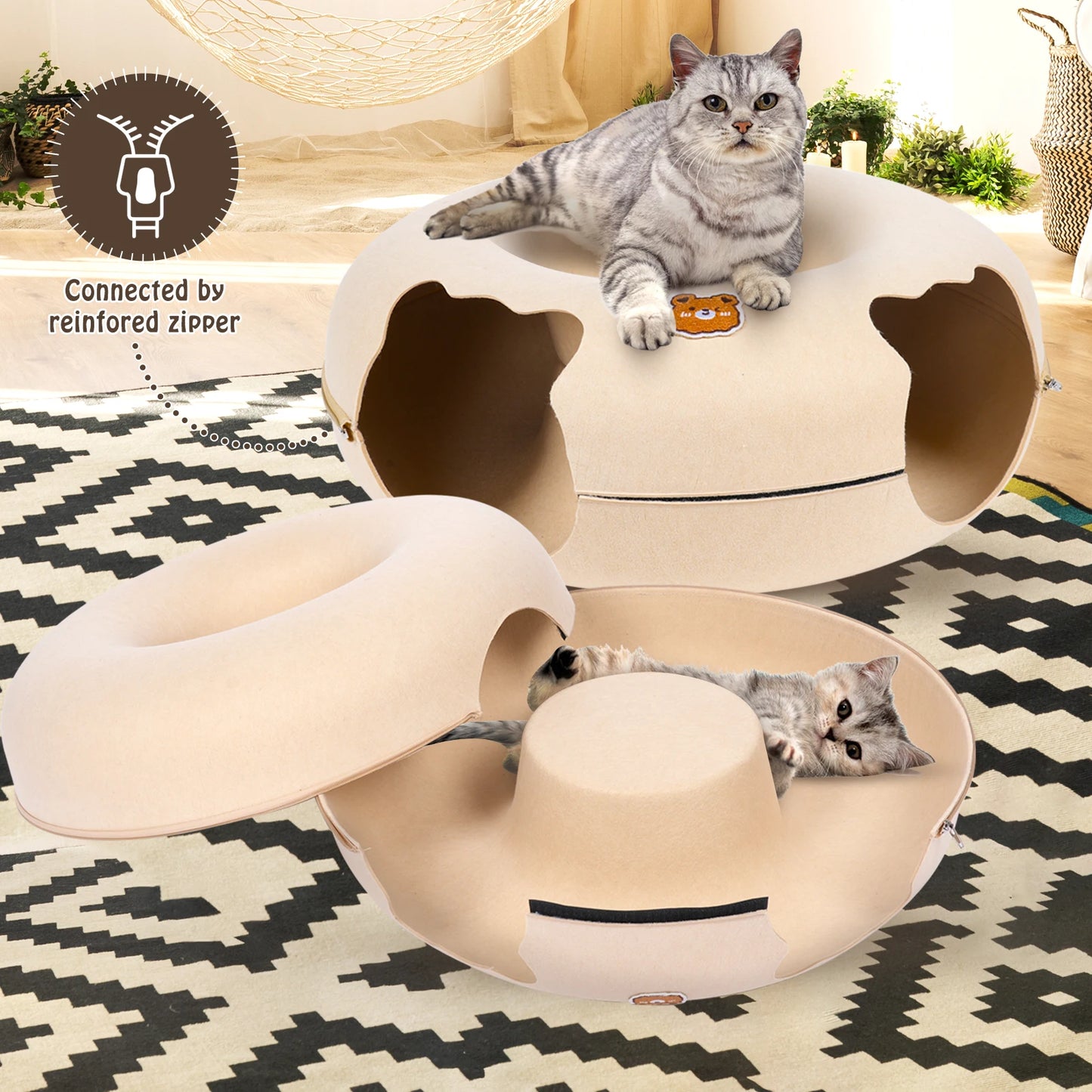 Cat Tunnel Bed for Cats Peekaboo Cat Cave Dual-Opening Cat Cave for Medium Large Cats Scratchable Donut Cat Bed Cat Donut Tunnel