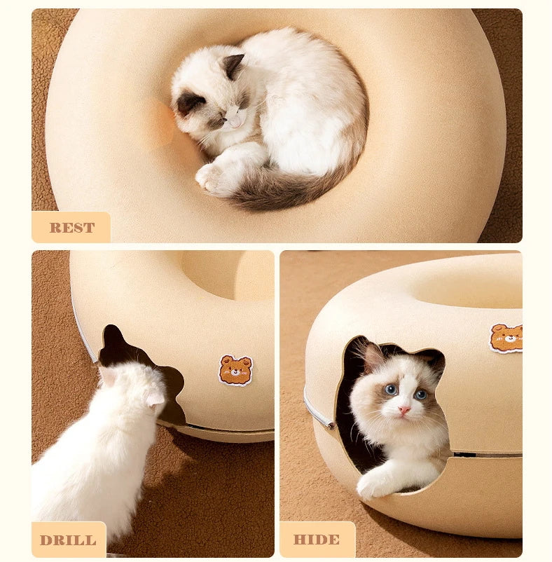 Cat Tunnel Bed for Cats Peekaboo Cat Cave Dual-Opening Cat Cave for Medium Large Cats Scratchable Donut Cat Bed Cat Donut Tunnel