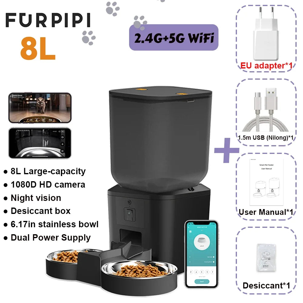 Furpipi 8L Smart Automatic Cat Feeders with 1080P HD Camera 5G WiFi Pet Feeder Tuya APP Control Automatic Cat Dog Food Dispenser