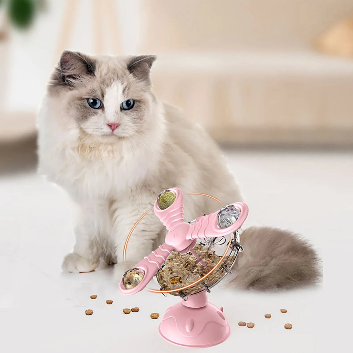 Suction Cup Cat Feeding Toy with Pinwheel ShapeRotating Fan Food Dispenser for Interactive Play While Feeding