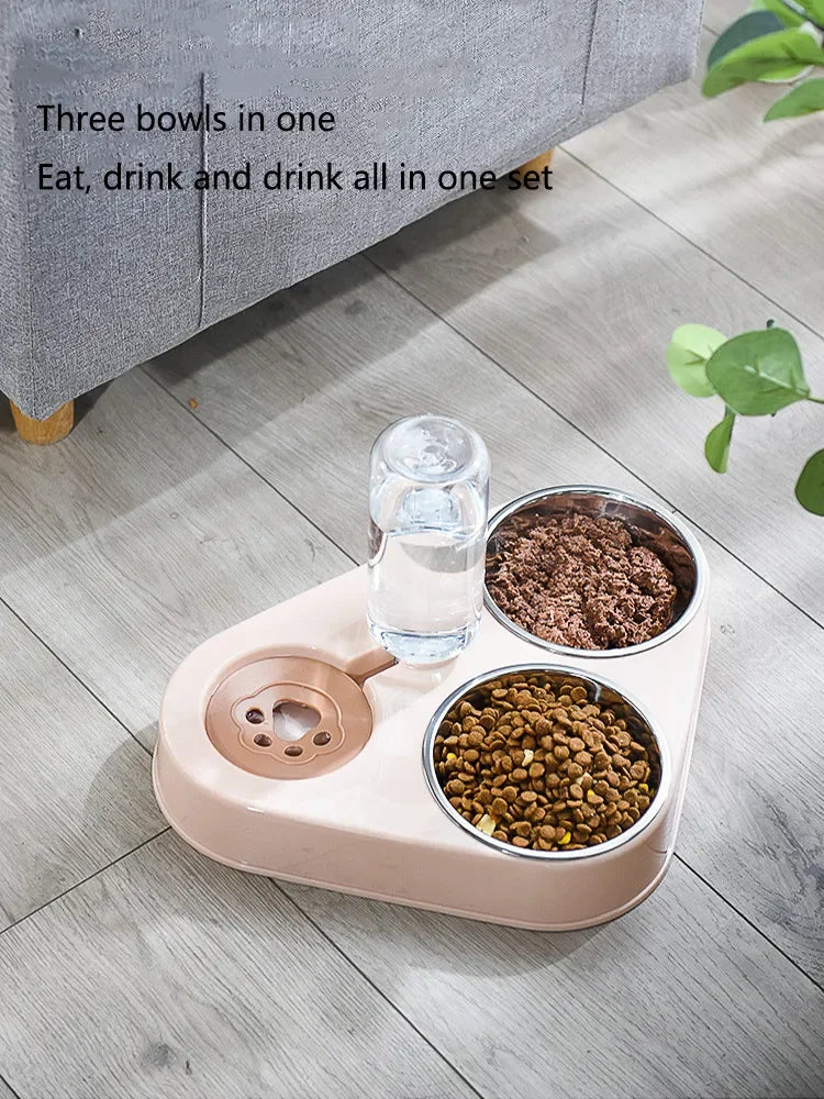 Dog And Cat Self-service Feeder Anti-knock Double Bowl Water Bottle Pet Supplies Stainless Steel Feeder Cat Drinking Fountain