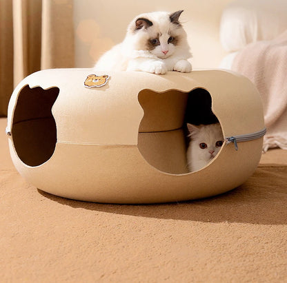 Cat Tunnel Bed for Cats Peekaboo Cat Cave Dual-Opening Cat Cave for Medium Large Cats Scratchable Donut Cat Bed Cat Donut Tunnel