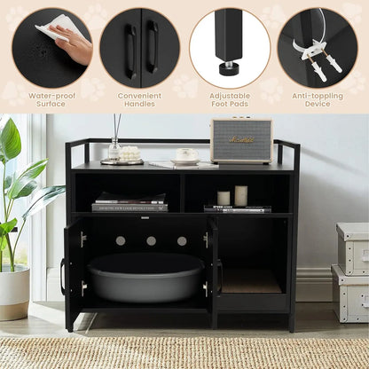 Cat Litter Box Enclosure Cat Washroom Hidden Furniture with Front Entry Cat Scratcher 2-Door Storage Cabinet 2 Compartments