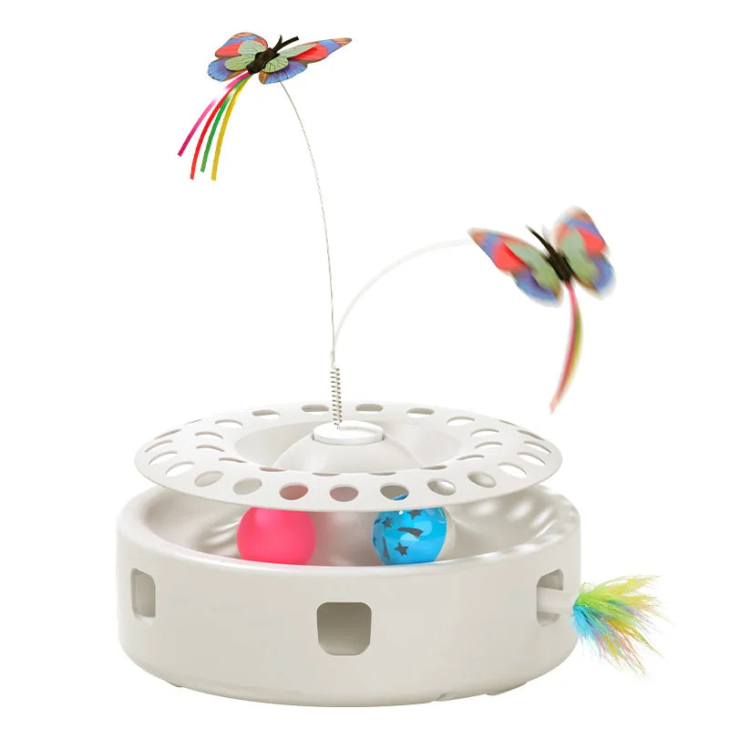 ROJECO Automatic Cat Toy 3 in 1 Track Balls Butterfly Teasing Toy Electric Ambush Feather Interactive Fun Pet Toy Set Cat Supply